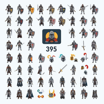 Collection of Medieval Knight Warrior Character Illustrations and Armor Sets.