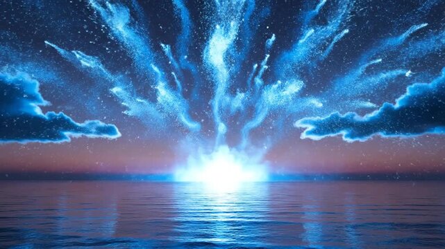 Abstract illustration of bright light rays over water surface at dusk