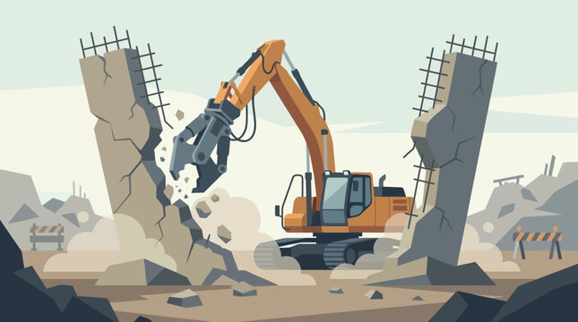Heavy Excavator with Hydraulic Crusher Demolishing Reinforced Concrete Wall Illustration