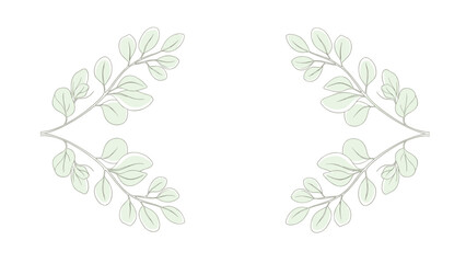 Fototapeta premium Elegant vector illustration featuring a symmetrical arrangement of two graceful leafy branches in soft pastel green, creating a delicate decorative border or frame element.