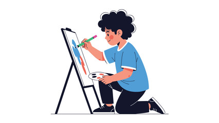 Fototapeta premium Vibrant vector illustration of a cheerful young boy kneeling and happily painting on an easel, demonstrating creativity and artistic expression with a palette in hand.