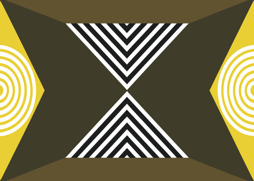A central hourglass figure with black and white stripes is flanked by brown trapezoids and yellow triangles with white concentric circle patterns.