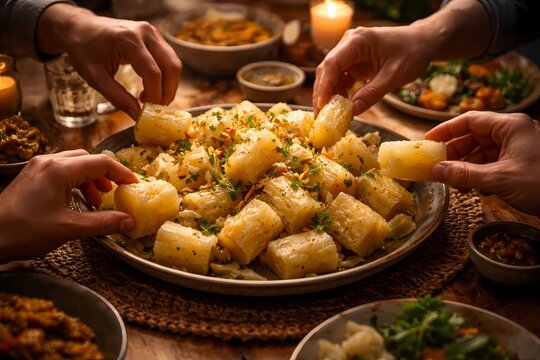 amigos comendo mandioca cozida