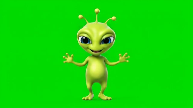 A friendly green alien with big eyes and antennas, waving hello against a green screen background