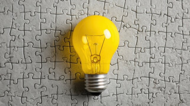 Yellow light bulb on incomplete puzzle background signifying new idea
