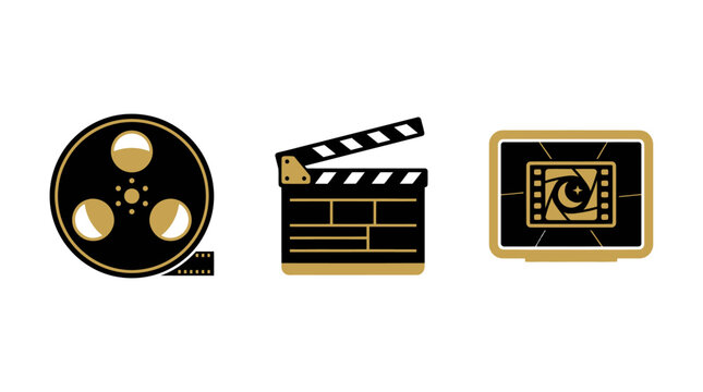 Film reel, clapperboard, and monitor icons symbolizing cinema and movie production