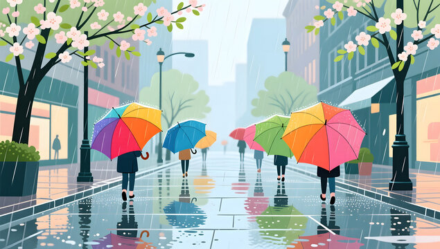 City street scene with people walking in spring rain