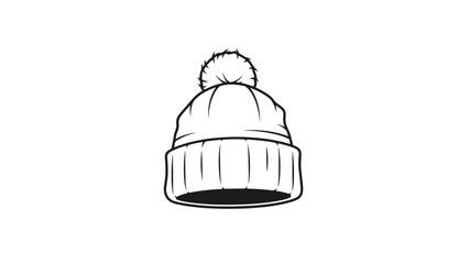 Fototapeta premium Classic black and white line art illustration of a cozy winter beanie hat with a fluffy pompom, perfect for cold weather.