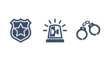 Police badge, siren light, and handcuffs icons on white background © MHM99