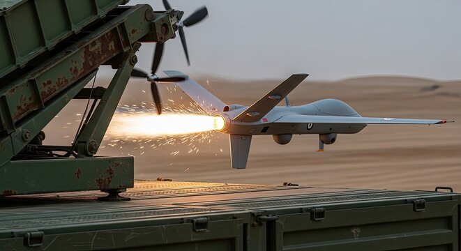 Military drone launching from vehicle platform.