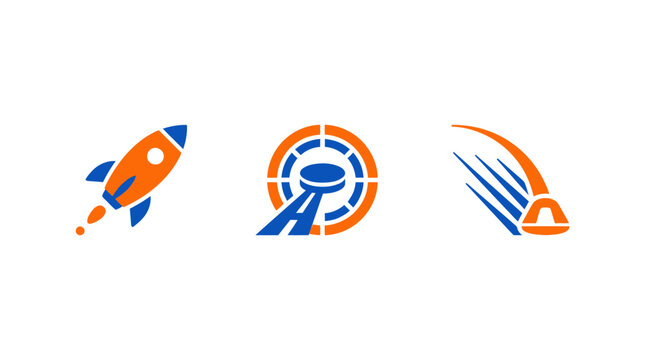 Rocket launch, target symbol, and comet icon set on white background