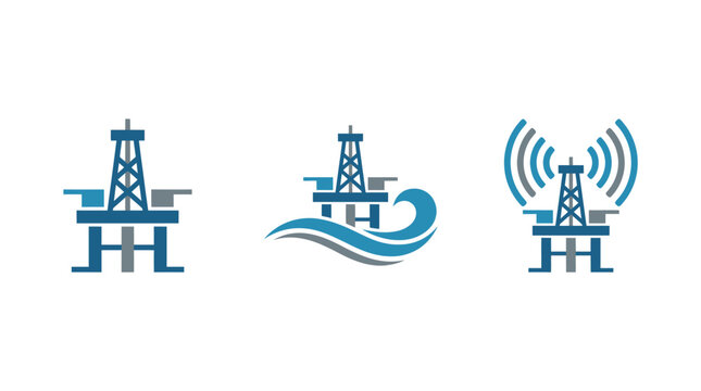 Oil Rig Icons: Offshore Platform, Wave, and Signal Transmission