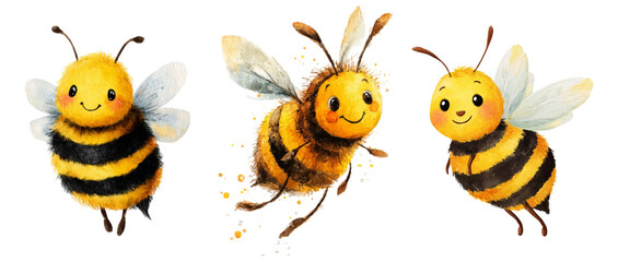 Adorable honey bee collection in watercolor style. Charming cartoon bees with hives, hearts, and floral elements. Perfect for children's books, baby nursery decor, and Easter cards.