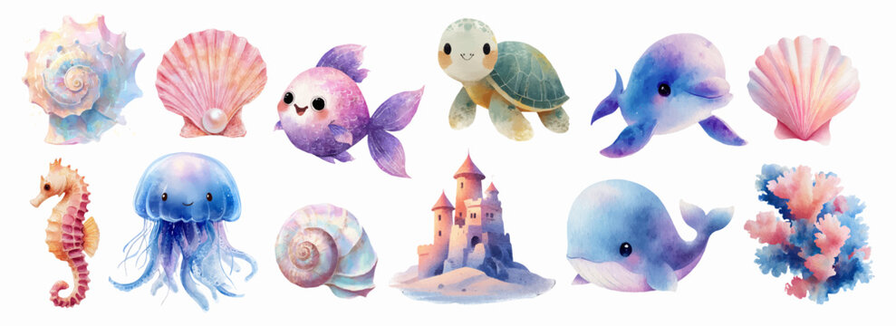 Ocean watercolor set of marine animals, coral, and sea life. Cute underwater collection with fish, seahorses, shells, pearls, and coastal elements for summer designs.