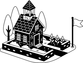 Naklejka premium Isometric Cartoon School Building with Garden and Flag icon outline