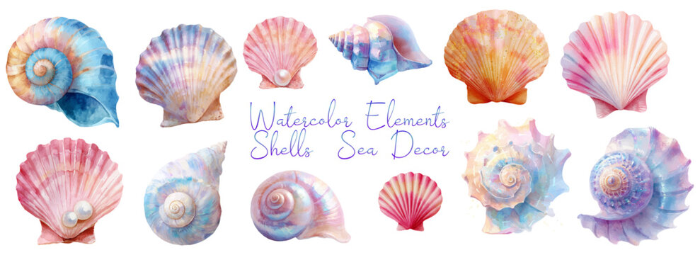 Watercolor sea creatures and shells set. Ocean animals, pearls, seaweed in cartoon style. Marine life illustrations for beach-themed designs and summer projects.