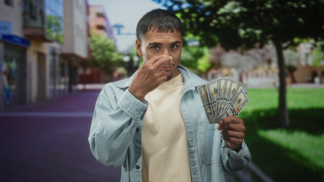 Young hispanic man holds fan of dollars in right hand, smirks and points finger toward camera on street; confidence wealth swagger.