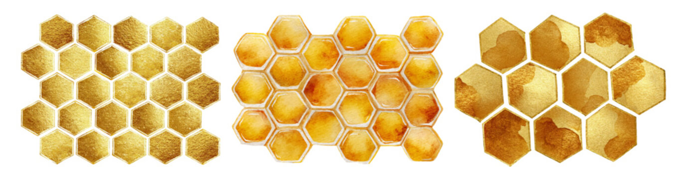 Honeycomb watercolor collection featuring golden honeycombs, flying bees, and dipper icons. Charming set of isolated elements ideal for spring decorations and delicious food designs.