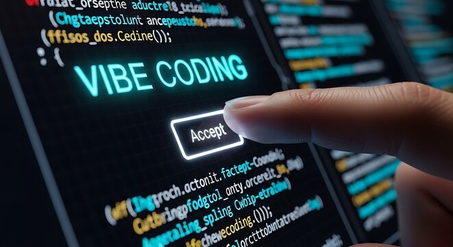 Closeup of a finger pressing an accept button on a digital screen displaying vibe coding text and programming code
