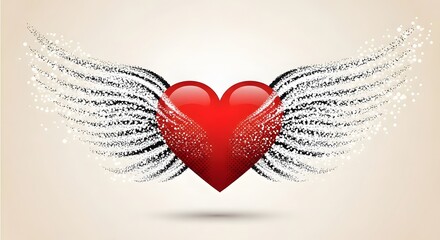 Fototapeta premium Shiny red heart with sparkling silver stippled wings on beige. Romantic love and celebration. Glossy heart icon flying with glittery particle wings and light bokeh