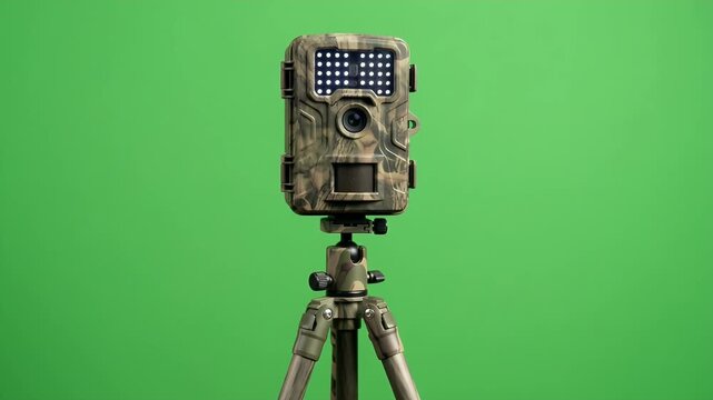 Camouflage Trail Camera on Tripod Against Green Screen Background