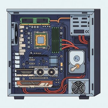Computer hardware components inside a PC case motherboard