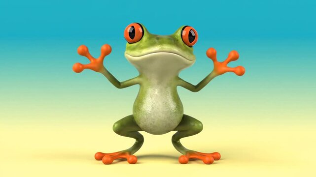 Whimsical 3D Green Frog with Big Red Eyes Posing on Vibrant Gradient Background.