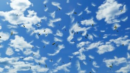 Fototapeta premium gust. Gust of wind dispersing dandelion seeds into a cloud against blue sky. ESG reports, sustainability campaigns, designed for environmental awareness campaigns, supports ESG communication.