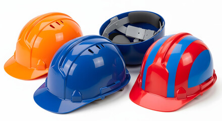 Fototapeta premium Colorful construction helmets safety gear in orange blue and red