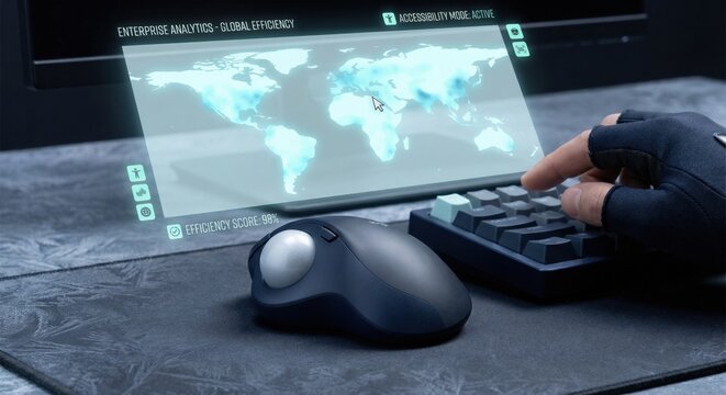 Digital World Map Dashboard with Enterprise Analytics Interface over Computer Desk featuring Trackball Mouse and Mechanical Keyboard for Global Logistics and Tech