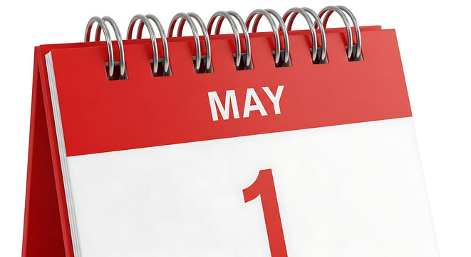 Title close up of a red calendar page displaying 'may' with a spiral binding description a macro shot focuses on a red calendar