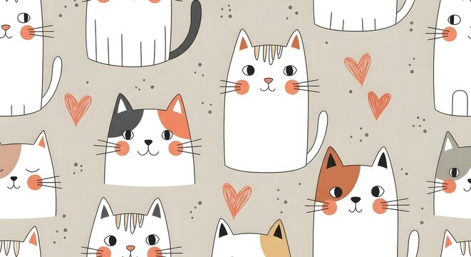Seamless pattern of cute cartoon cats and hearts. Pet care and feline lover concept. Hand drawn flat illustration of diverse cats with orange hearts on a beige background