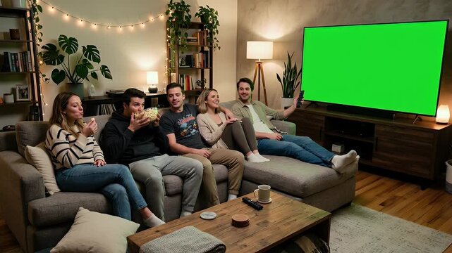 Group of friends watching movie on green screen TV in cozy room