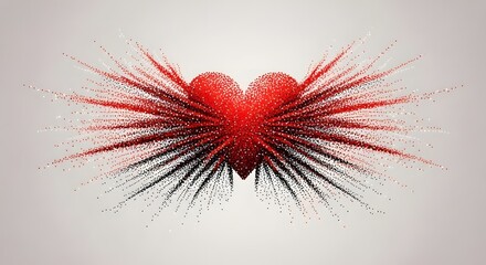 Fototapeta premium Red heart with explosive winged rays made of black and red dots. Passionate energy and spiritual freedom concept. Pointillism heart symbol with dramatic burst and feathered effect.
