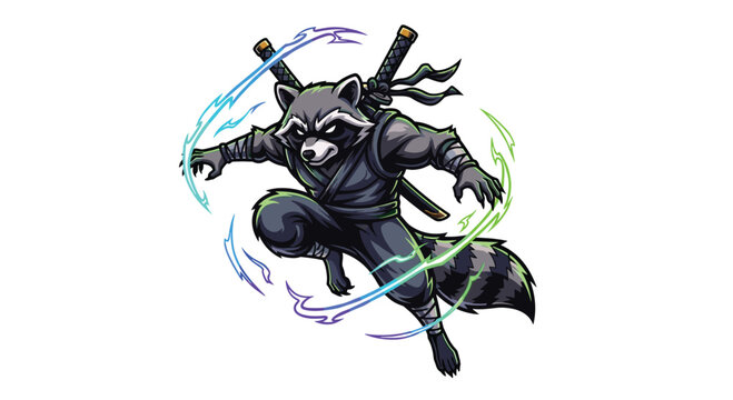 A stealthy raccoon ninja, clad in a dark uniform and armed with katanas, moves swiftly amidst dynamic green and purple energy, ready for martial arts action.