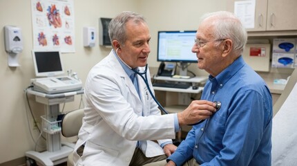 Obraz premium A doctor listens to an older man's heart with a stethoscope. The doctor, a middle-aged white male, is wearing a white coat and glasses.