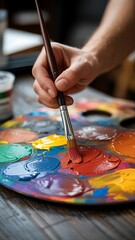 Fototapeta premium Human hand holding an artist brush blending warm tones on a vibrant painting palette