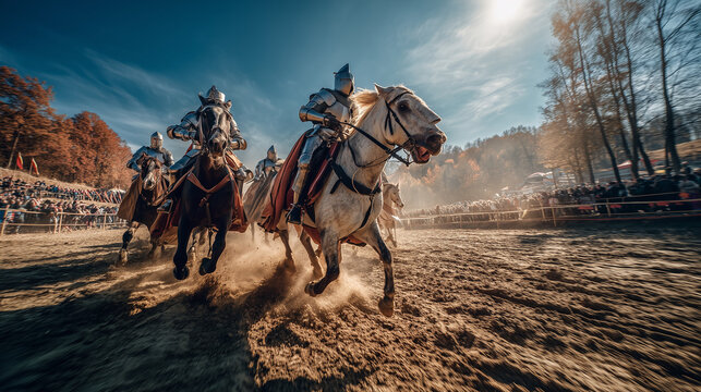Grundwald Battle Reenactment Festival, Two medieval knights riding horses in fast motion across dusty battlefield during dramatic Grunwald battle reenactment festival scene