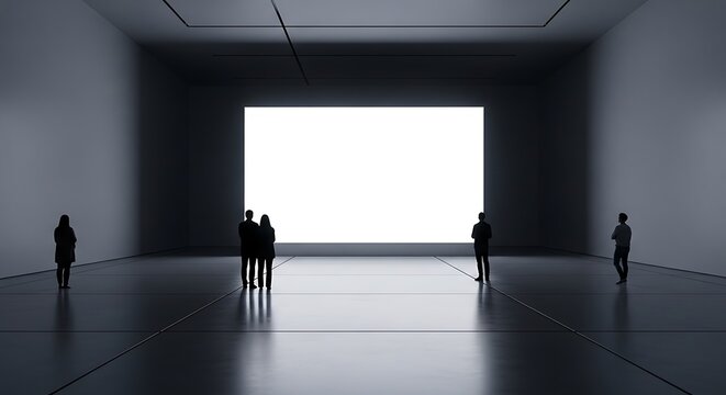Silhouettes of people standing in a dark minimalist gallery looking at a large glowing blank white rectangular screen