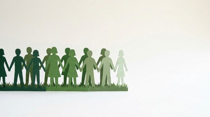 Fototapeta premium Green Paper People Figures holding hands standing on grass representing environmental community and social teamwork for sustainability concepts with copy space
