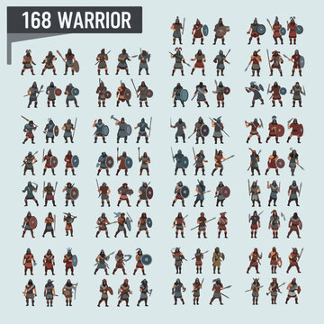 Collection of 168 stylized warrior character sprites for game design.