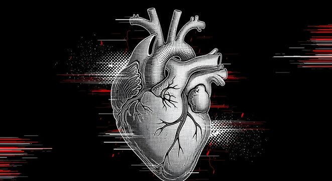 Anatomical human heart with glitch effect and halftone. Medical technology and biology research. Realistic organ illustration with digital distortion and red line streaks on black background