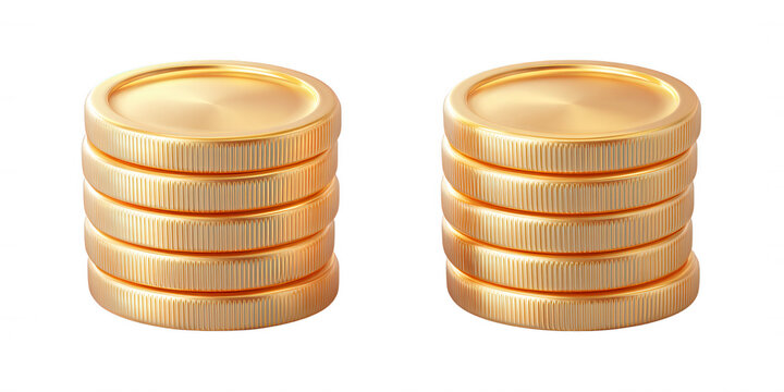 Due pile di monete d'oro lucide, simbolo di ricchezza e successo finanziario, isolate su sfondo bianco, perfette per concetti economici.
