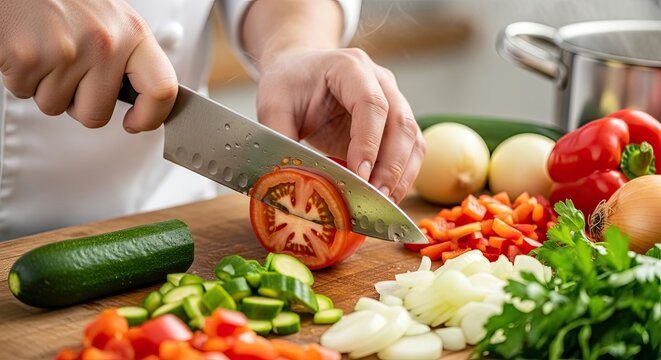 A chef skillfully slicing a tomato on a wooden cutting board with a variety of fresh vegetables and ingredients in the background.