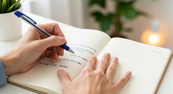 A person writing in a notebook with a blue pen.