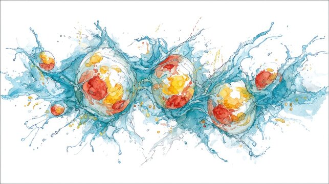 Abstract watercolor splash art featuring vibrant orbs and fluid dynamic design