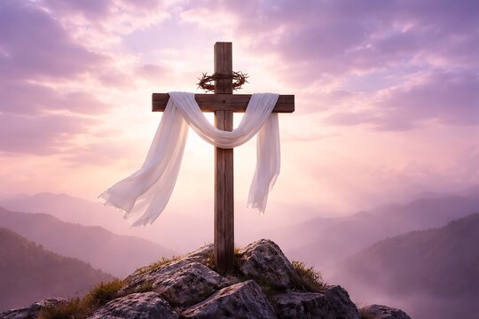 On top of high mountain wooden cross with crown of thorns and white cloth symbolizing holy week passion and easter resurrection on soft purple background