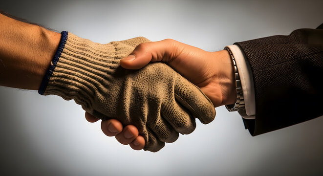 Closeup of handshake between a worker in glove and a businessman