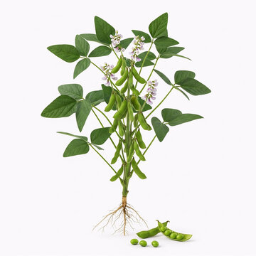 Fresh green soybean plant with roots and pods on white background