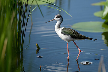 Fototapeta premium Graceful Black Winged Stilt with Green Blue Background, Stunning Wetland Bird Portrait